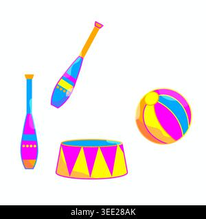 Juggling clubs, a drum, and a circus ball in a playful flat style colorful circus illustration isolated. Stock Photo