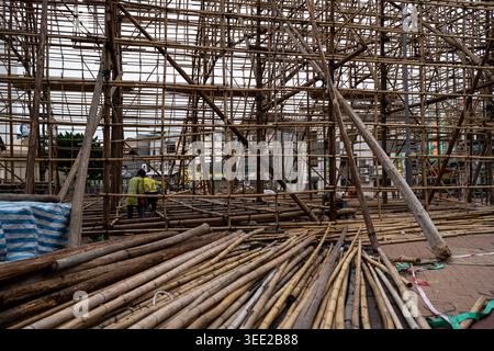 A general view showing a bamboo scaffolding theater under construction ...