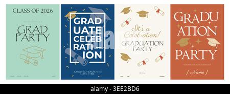Graduation party poster collection with elegant typography confetti and class of 2026 celebration designs Stock Vector