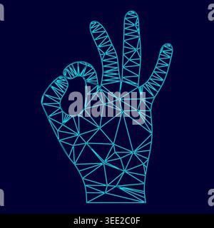 The sign perfectly shows the hand low poly triangulation triangulated polygonal electric cyan blue vibrant aqua neon color vector illustration image Stock Vector