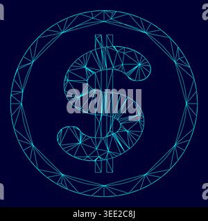 Dollar in the circle low poly triangulation triangulated polygonal electric cyan blue vibrant aqua neon color vector illustration image outline Stock Vector