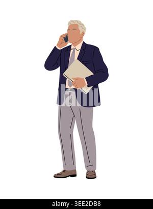Businessman speaks on phone while holding files Stock Vector