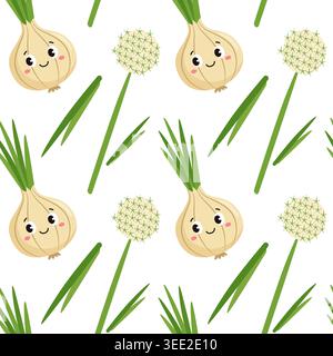 Cute onion character seamless pattern with green stalks and flowers on white background vector Stock Vector
