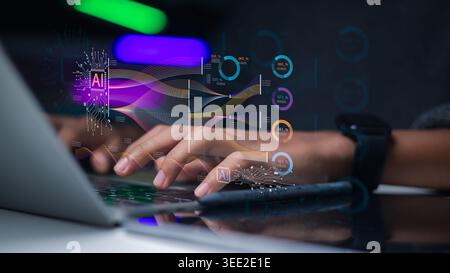 Hands typing on laptop with virtual icons of AI artificial intelligence, machine learning and big data analytics for business innovation and digital t Stock Photo