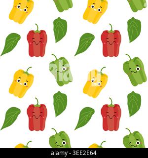 Funny bell pepper characters seamless pattern with cute faces and leaves on white background vector Stock Vector