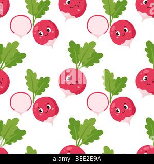 Cute radish seamless pattern with funny vegetable characters on white background vector Stock Vector