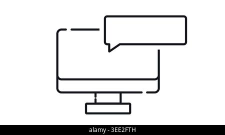 Online chat and live support icon: desktop computer with speech bubble on screen, minimalist black line art vector illustration. Stock Vector