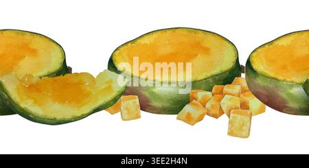 Watercolor seamless pattern with mango halves, slices and mango cubes in realistic style. Illustration for packaging, textile, menu design, desserts, Stock Photo