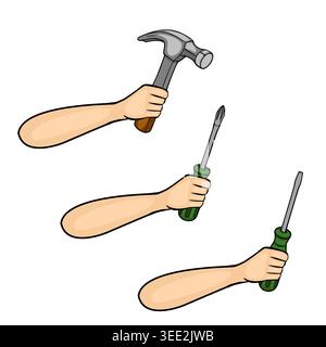 Set of three cartoon hands holding tools: hammer and two screwdrivers, isolated vector illustration Stock Vector