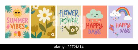 Cute summer and happy days poster collection with flowers rainbow sunshine and playful hand drawn illustrations Stock Vector