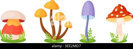 Four stylized mushroom icons set. Collection vibrant cartoon mushrooms, including fly agaric and fantasy fungi. Cute flat vector style, perfect for forest themed games, children s books, and stickers Stock Vector