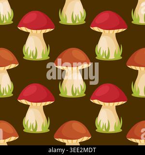 Seamless pattern with cartoon boletus mushrooms on brown background. Porcini fungi forest repeat texture. Cute flat vector style, perfect for autumn themed textiles, cozy home decor, food packaging. Stock Vector