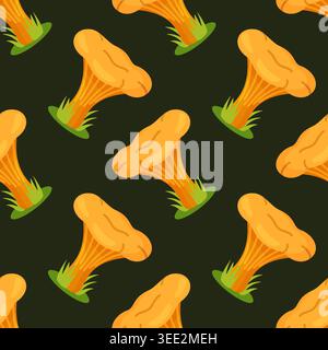 Autumn mushroom seamless pattern with orange chanterelle mushrooms on dark green background. Cute flat vector style, ideal for kitchen textiles, menus, and organic food packaging. Stock Vector