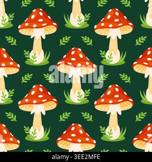 Seamless pattern with red fly agaric mushrooms and green leaves on dark background. Cute cartoon style, ideal for textile, wrapping paper, and autumn decor. Stock Vector
