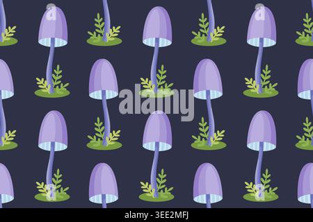 Seamless pattern featuring mystical purple mushrooms and green moss on dark navy background. Magic forest style, perfect for fantasy themed textiles, wallpaper, and stationery. Stock Vector