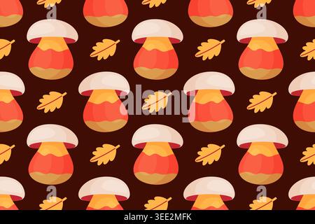 Seamless pattern with vibrant stylized mushrooms and small oak leaves on dark chocolate background. Cute autumn design for wrapping paper, cozy textiles, and seasonal decor. Stock Vector