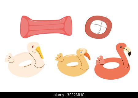 Cartoon Inflatable pool float set. Summer beach accessories in retro style. Bird shape water rings, inflatable matress. Flamingo, duck and swan pool s Stock Vector