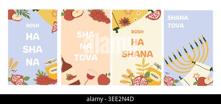 Abstract modern Happy Rosh Hashanah cards set. Vector illustration of harvest elements honey jar, pomegranate and apple, menorah and torah scroll. Jew Stock Vector