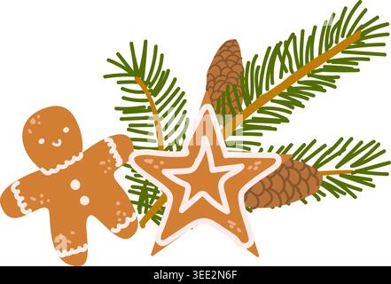 Cartoon christmas composition with christmas cookie man and star, fir branch. Festive xmas clipart for decorations. Vector flat illustration isolated Stock Vector