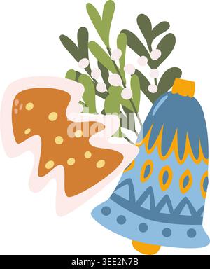 Hand drawn vector illustration of christmas cookie and bauble bell with mistletoe. Vector illustration isolated on white. Festive decoration Stock Vector