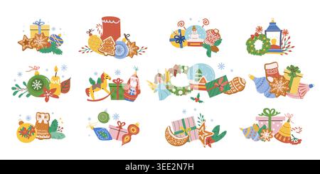 Cartoon christmas cookies and baubles compositions set. Cute festive elements for christmas stickers and greeting cards, borders. Cartoon flat illustr Stock Vector