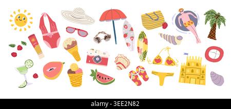 Cartoon summer stickers, tropical vacation elements set. Ice cream, watermelon, surfing boards and other beach accessories. Man in inflatable ring. Stock Vector