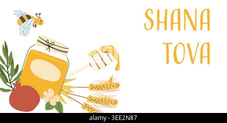 Happy Rosh Hashanah holiday greeting card or banner. Jewish New Year symbols honey jar, ears of wheat, cute bee and pomegranate. Stock Vector