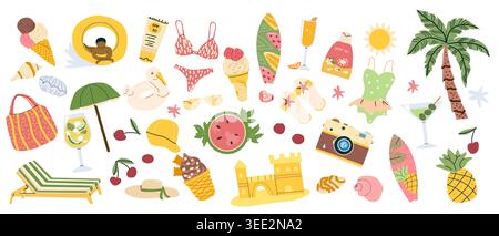 Tropical seaside cartoon icons set. Vector flat illustration of camera, watermelon, sand castle and other beach elements. Cherry and sundae, ice cream Stock Vector