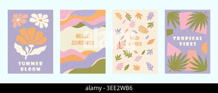 Pastel summer poster collection with tropical leaves floral elements and abstract aesthetic backgrounds for lifestyle branding design Stock Vector