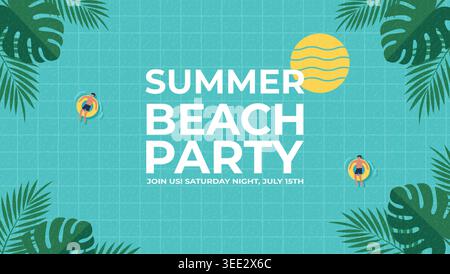Summer beach party poster design with tropical leaves pool background and vacation event promotion template Stock Vector