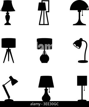 Table Lamp Silhouette Vector Illustration Set for Interior Lighting Design Stock Vector