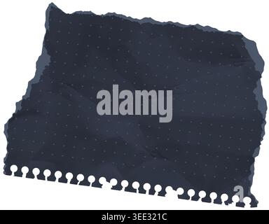 Crumpled paper sheet featuring realistic crumple grunge texture and dot grid. Wrinkled page piece torn ripped edges black torn paper damaged holes iso Stock Vector