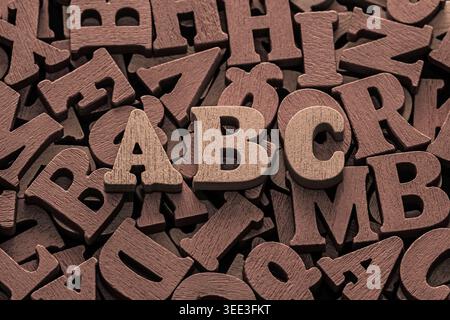 Inscription abc on pile of old vintage wooden letters. Stock Photo