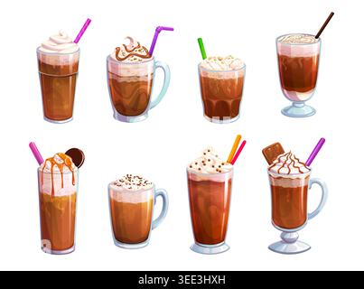Coffee dessert drinks set in mugs and tall glasses Stock Vector