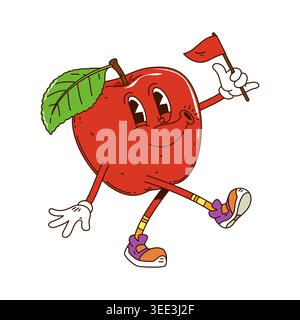 Cartoon groovy red apple character with green leaf Stock Vector