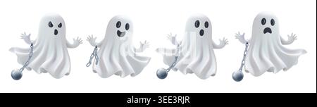 Halloween 3d emoji, little prisoner ghost game set. Chained phantom in white cloth, vector spooky character. Cute laugh, scream or scaring boo. Metal Stock Vector