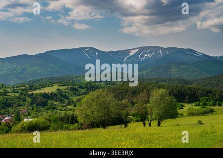 View of the rolling green hills and Low Tatras mountains with snow patches under a cloudy sky near Horna Lehota, Banskobystricky kraj, Slovakia. Stock Photo