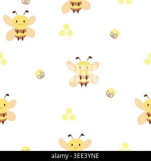 Adorable seamless bee pattern featuring kawaii bumblebees, honey jars and honeycomb elements in soft pastel colors. Perfect for fabric, wallpaper Stock Vector