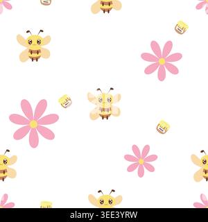 Cute seamless pattern with kawaii bees, pink flowers and honey jars in soft pastel colors, flat vector illustration perfect for fabric, wallpaper Stock Vector