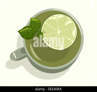 Minimalist Ceramic Mug of Green Tea Vector Top View with Fresh Lime Slice Mint Leaves and Water Ripples for Wellness Branding Relaxation Lifestyle Stock Vector