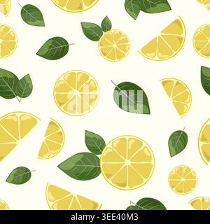 Minimalist Seamless Pattern Vector with Fresh Lemon Slices and Green Leaves on Pale Yellow Background for Organic Food Branding Textile and Packaging Stock Vector