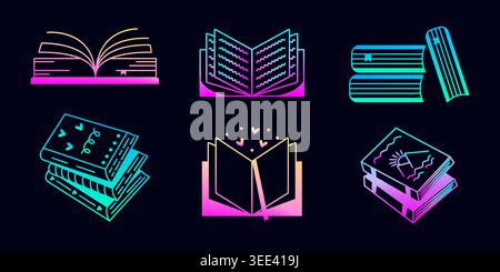 Gradient neon book set, luminescent vector icons in different variations, back to school sign collection Stock Vector