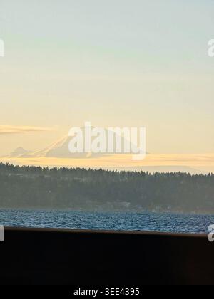 Snow Covered Mount Rainier (Tahoma) Above Lake Washington Viewed from I-90 Bridge Stock Photo