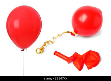 Popped, deflated and inflated red balloon isolated on white, collage Stock Photo