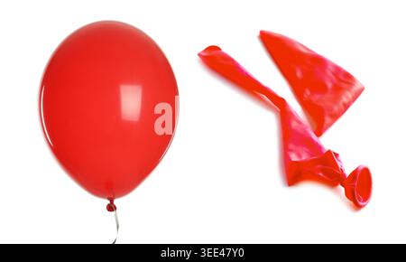 Popped and inflated red balloon isolated on white, collage Stock Photo
