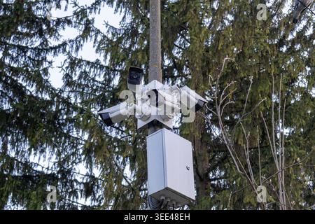 Multiple security cameras are mounted on a pole surrounded by tall trees in a public area, aimed at monitoring the surroundings for safety and securit Stock Photo