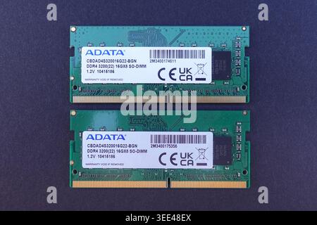 Flat lay view of two laptop memory modules on dark background editorial Stock Photo