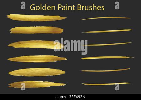 Golden paint, realistic gold brush smudges, yellow metallic smears on transparent background, decorative glittering brushstroke set. Stock Vector