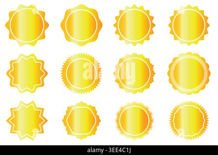 Starburst sticker set. Collection of golden metallic sunburst badges, deal tags, price tag or quality seal with wavy edge. Flat design vector elements. Stock Vector