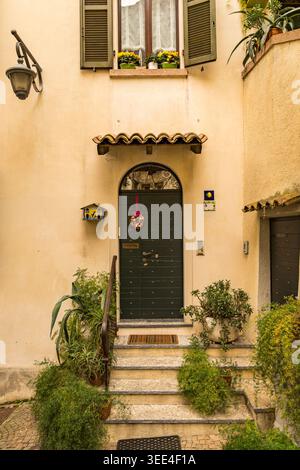 Old building facade with green door and spring flowers Stock Photo
